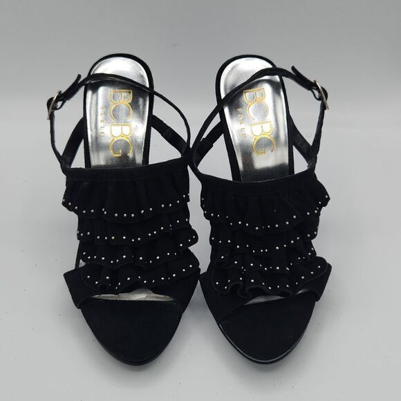 BCBG Paris Black leather upper ruffle metal silver studs Ankle strap stilettos - Picture 1 of 8